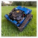 Remote control tracked lawn mower close angle view