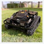Remote control tracked lawn mower front angle view