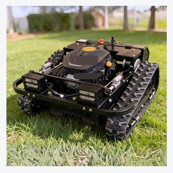 Remote control tracked lawn mower front angle view