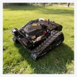 Remote control tracked lawn mower rear angle view