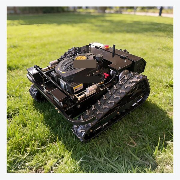 Remote control tracked lawn mower rear angle view