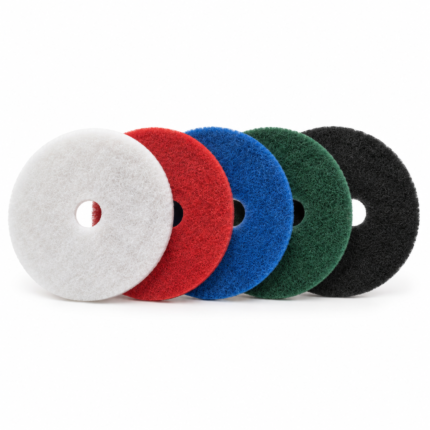 EquipGo commercial floor scrubber pads in white, red, blue, green and black